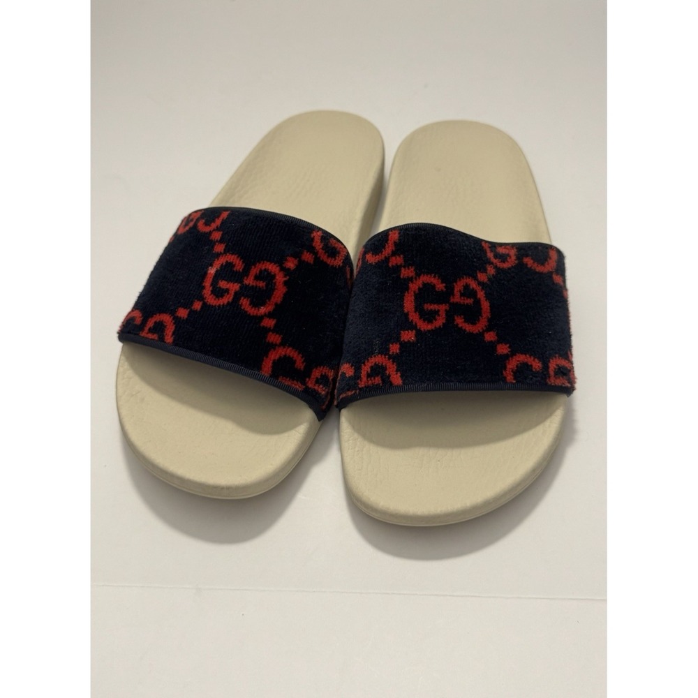 Gucci Unisex Size 39 – US W9 / M5.5 Velour Navy Blue Red Slide Sandals